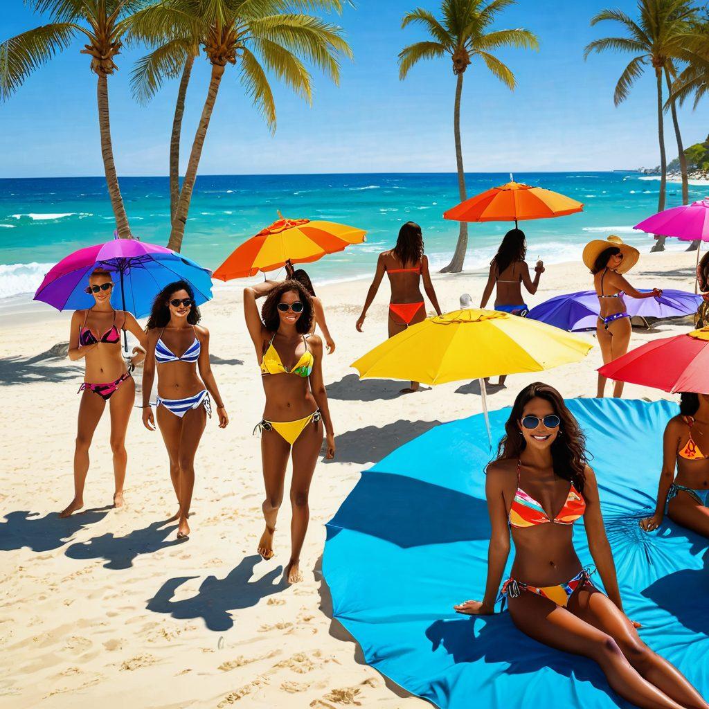 A vibrant beach scene featuring various stylish beach attire, including colorful bikinis and chic cover-ups. The background showcases a sunny shoreline with palm trees and beach umbrellas, while different people of diverse backgrounds are enjoying the beach, embodying confidence and joy. Bright colors and dynamic movement highlight the fun and relaxation of beach outings. vector art. vibrant colors. sunny atmosphere.